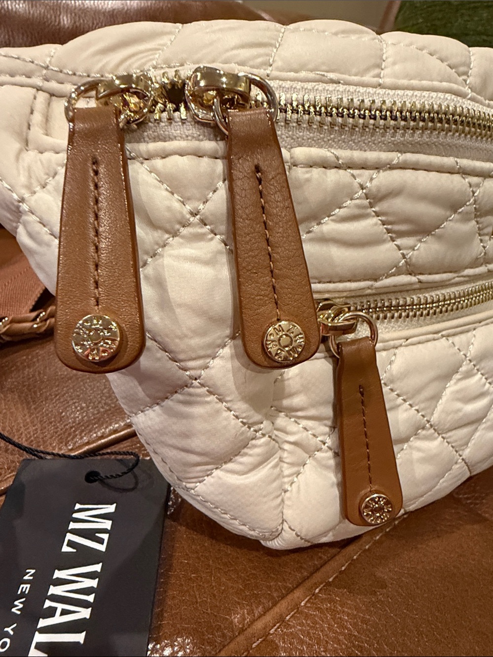 MZ Wallace Crosby Sling Bag - Cream Quilted Crossbody Belt Bag with Tan Trim - Picture 10 of 17